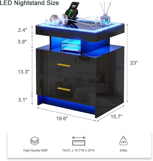 HNEBC LED Nightstand with Charging Station (USB,Type-C Ports) High Gloss Bedside Table with 2 Drawers, Smart Night Stand with Auto Sensor Lights,Modern Bed Side Table for Bedroom (Black)