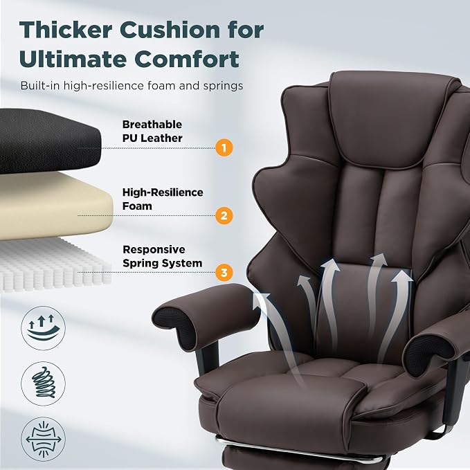 HOMREST Brown Ergonomic Office Chair | 6-Point Vibration Massage & Heat, Reclining Executive Chair, Adjustable Footrest and Armrests, PU Leather Big and Tall