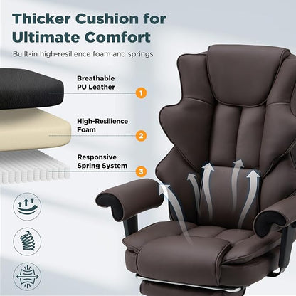 HOMREST Brown Ergonomic Office Chair | 6-Point Vibration Massage & Heat, Reclining Executive Chair, Adjustable Footrest and Armrests, PU Leather Big and Tall