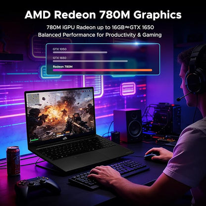 NIMO 17.3" Light-Gaming-Laptop, AMD Ryzen 7 8745HS 8 Cores 16GB DDR5 RAM 512GB SSD, Radeon 780M Graphics, FHD IPS Display, 100W Type-C Fast Charger, Backlit Keyboard, Fingerprint, USB 4.0