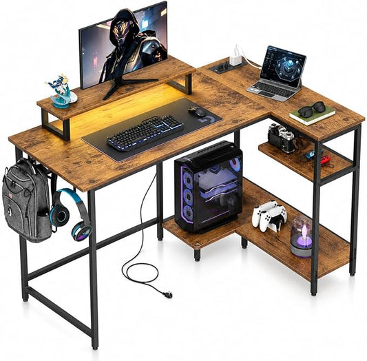 DEVAISE 47 Inch L Shaped Gaming Desk with LED Lights & Power Outlets, Corner Desk for Small Spaces, Sturdy PC Computer Table with Storage for Home Office, Rustic Brown