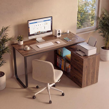GOFLAME Reversible L Shaped Computer Desk with Charging Station, 55” Home Office Desk with 3 Drawers, 3-Level Adjustable Shelf, Convertible Study Writing Desk for Small Space, Rustic Brown