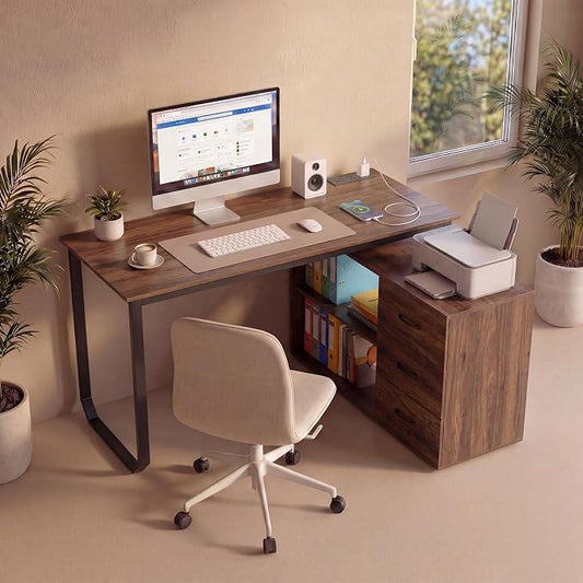 GOFLAME Reversible L Shaped Computer Desk with Charging Station, 55” Home Office Desk with 3 Drawers, 3-Level Adjustable Shelf, Convertible Study Writing Desk for Small Space, Rustic Brown
