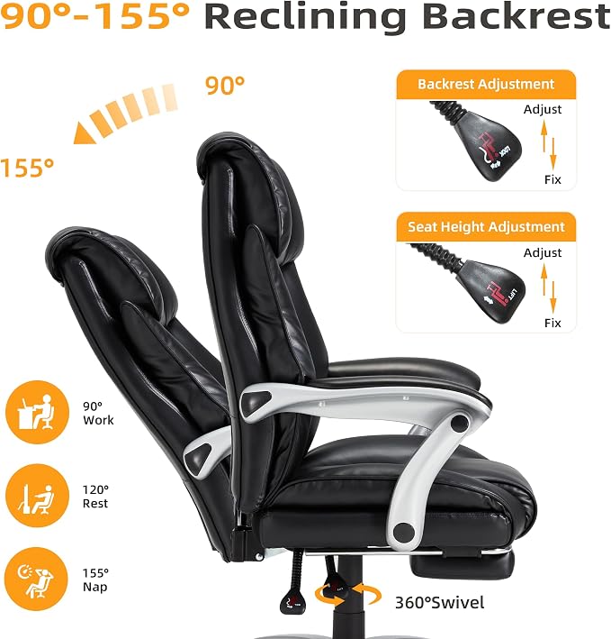 HOMREST Big and Tall Heavy Duty Office Chair 550LBS, Ergonomic Leather Executive Chair with 155° Recline, Large Back Pocket &Footrest, Computer Desk Chair for Heavy People, Black