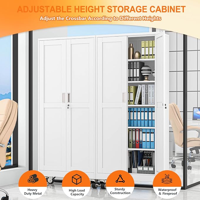 pozdeg 75" Metal Garage Storage Cabinets with Wheels, Lockable Rolling File Cabinets with 2 Doors and 5 Adjustable Shelves, Steel Tool Organizer Locker for Office Home Garage Gym School, White