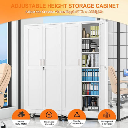 pozdeg 75" Metal Garage Storage Cabinets with Wheels, Lockable Rolling File Cabinets with 2 Doors and 5 Adjustable Shelves, Steel Tool Organizer Locker for Office Home Garage Gym School, White