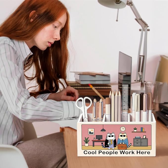 Funny Cat Pen Pencil Holder for Office Desk Accessories Decor | Funny Office Accessories for Women Men, Cool People Work Here Pen Pencil Wooden Organizer Decorations for Work Room Tabletop