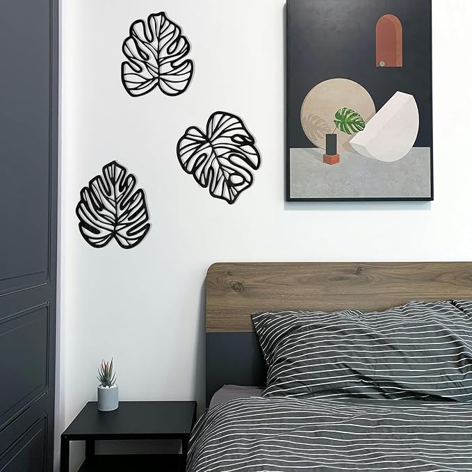 Palm Leaves Wood Wall Decor , 3Pcs Tropical Wall Art Jungle Decor, Wooden Natural Leaves Plant Wall Decor, Vintage Tropical Plant Plaque for Home Living Room Kitchen Bedroom Bathroom & Garden, Black