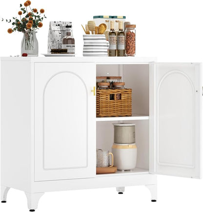 Metal Storage Cabinet with 2 Doors, 33" H White Sideboard Cabinet, Small Kitchen Pantry with Adjustable Shelf, Coffee Bar Cabinets, Storage Cabinets for Kitchen, Bedroom, Living Room, Office