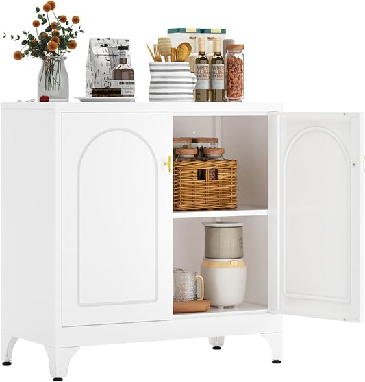 Metal Storage Cabinet with 2 Doors, 33" H White Sideboard Cabinet, Small Kitchen Pantry with Adjustable Shelf, Coffee Bar Cabinets, Storage Cabinets for Kitchen, Bedroom, Living Room, Office