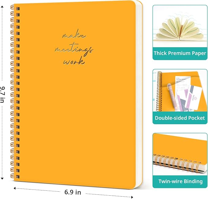 Taja Meeting Notebook for Work Organization - Work notebook with action items, Meeting Minutes Planner Notebook, Perfect Office Supplies for Men & Women - Yellow