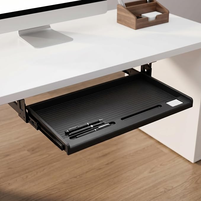 jojofuny Under Desk Keyboard Tray with Pen Organizer, Screw-Mounted Slide-Out Organizer Drawer, 20x10 inches Space-Saving Under Desk Shelf for Mouse, Pens & Office Supplies