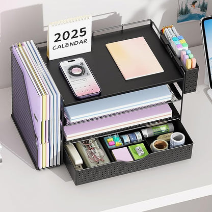 gianotter Wood Desk Organizers and Accessories with File Holder, 4-Tier Desk Accessories & Workspace Organizers with Drawer and Pen Holder, Desk Reference Organizer (Black, 4T with Drawer)