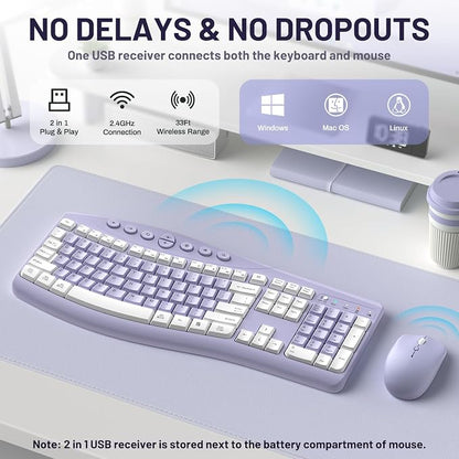 Wireless Keyboard and Mouse Combo,2.4G Full Size Ergonomic Curved Silent Keyboard with Fn Multimedia Keys for Office and Home, 3-DPI Quiet Mouse for Windows,Mac OS Desktop/Laptop/PC (Purple-A)