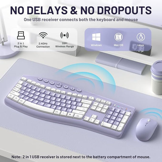 Wireless Keyboard and Mouse Combo,2.4G Full Size Ergonomic Curved Silent Keyboard with Fn Multimedia Keys for Office and Home, 3-DPI Quiet Mouse for Windows,Mac OS Desktop/Laptop/PC (Purple-A)
