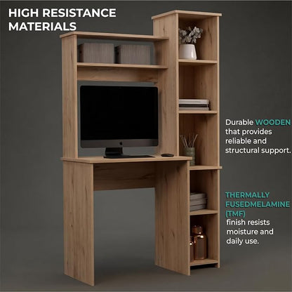 Tuhome Versalles Writing Desk with Two Superior Shelves, Five Side Open Storage Compartments, Space-Saving Modern Workstation Design for Studios and Offices, Ideal for Organization, Books