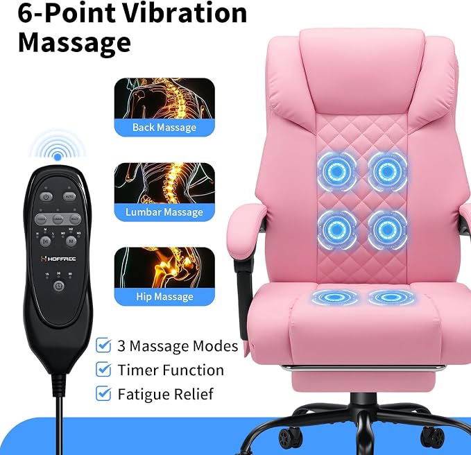 HOFFREE 400lbs Massage Office Chair with Foot Rest 6 Points Vibration Ergonomic Executive Office Chair Reclining High Back Computer Desk Chairs Pink
