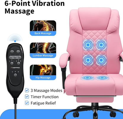 HOFFREE 400lbs Massage Office Chair with Foot Rest 6 Points Vibration Ergonomic Executive Office Chair Reclining High Back Computer Desk Chairs Pink