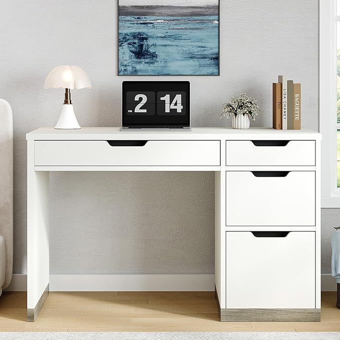 MaverickFurni White Desk with Drawers, 48 Inch Small Computer Desk with 4 Storage Drawers for Small Space, Home Office Desk for Bedroom with Storage File Drawer