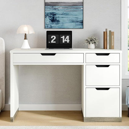 MaverickFurni White Desk with Drawers, 48 Inch Small Computer Desk with 4 Storage Drawers for Small Space, Home Office Desk for Bedroom with Storage File Drawer
