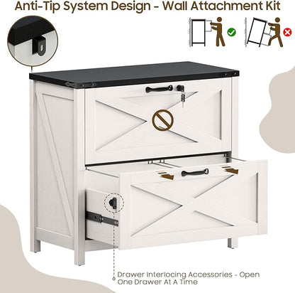 Lateral File Cabinet with 2 Large Drawers, Farmhouse File Cabinet with Lock for Letter/Legal/A4 Size Hanging Files, Wood File Storage Cabinets Printer Stand for Home Office Cabinets, White and Black