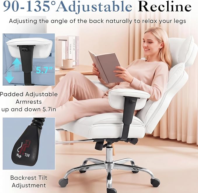DUMOS Big and Tall Home Office Desk Chair, Ergonomic Executive Chair with Footrest, Computer Gaming Chairs with High Back Reclining, Adjustable Armrests and Comfy Lumbar Support, PU Leather, White
