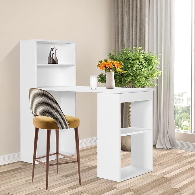 COSTWAY White Computer Desk with Shelves, 48” Study Writing Desk with 6-Tier Storage Shelves, Reversible Study Workstation w/Wide Base for Home, Office & Dorm, Easy Assembly