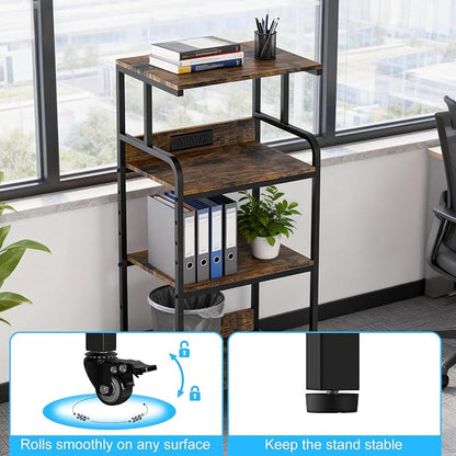 Rustic Brown 4 Tier Adjustable Mobile Printer Stand Rolling Cart | Tall space saving design for small home office holds scanner cricut heat press fax machine and various desktop equipment