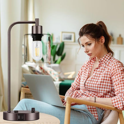 Lynnoland Set of 2 Oil Rubbed Bronze Table Lamps with USB C+A Ports and Outlet, Fully Stepless Dimmable Bedside Lamps, Industrial Desk Lamps with Clear Glass Shade for Living Room (2 LED Bulb)