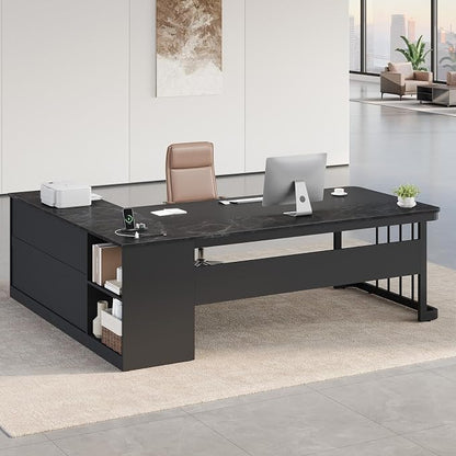 UPOSOJA 71" Executive Desk, Large Office Desk with Drawers & Storage Shelves, Modern L Shaped Computer Desk Corner Desk with Power Outlets, File Cabinet, Business Furniture Desk Workstation (Black)