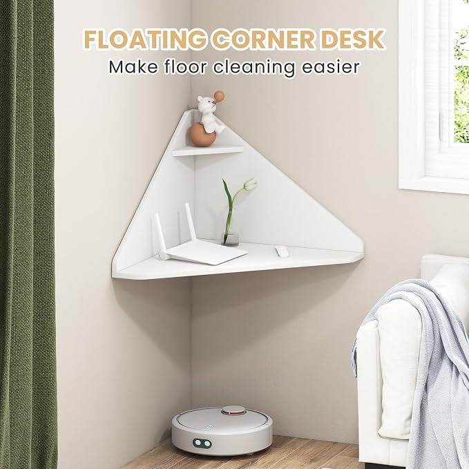 Giantex Corner Floating Desk, Wall Mounted Computer Desk with Storage Shelf, Space-Saving Writing Desk, Triangle Laptop Desk for Living Room, Study, Bedroom, Home Office & Small Spaces (White)