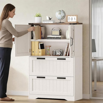 Halitaa 2 Drawer Filing Cabinet, Farmhouse File Cabinet for Home Office with Storage Space, Wood Tall Office Filing Cabinet fits Legal/Letter/A4 Size, Lateral File Cabinets with 2 Doors, Rustic White
