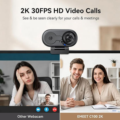EMEET C100 2K Webcam for PC, Built-in Mic, Rotating Privacy Cover, Portable Metal Clip, Computer Camera for Home Office, Meetings, Learning, Streaming, External Webcam for Desktop, Laptop, PC USB-A