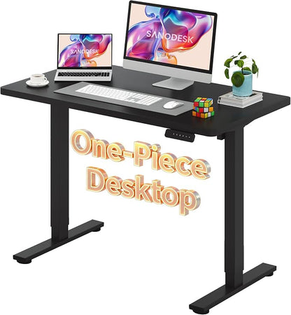 SANODESK Electric Standing Desk 48 x 24 Inches Whole-Piece Desktop Height Adjustable Stand Up Desk w/6-Button Controller Ergonomic Computer Desk for Home Office, Black Frame + Black Tabletop