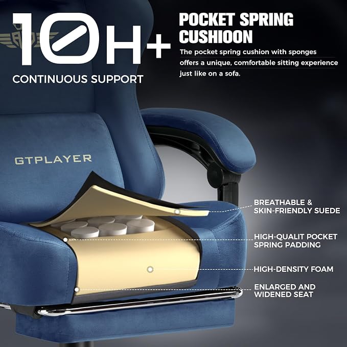 GTPLAYER Big and Tall Gaming Chair 400lbs Heavy Duty Office Chair with Foot Rest, High Back Pocket Spring Ergonomic Computer Chair for Adults, Wide Comfy Seated Cushion with Linkage Armrests, Blue