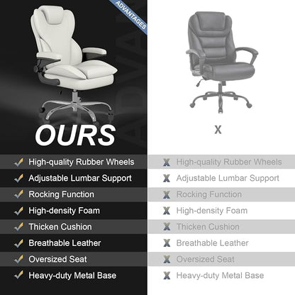 Office Chair, Home Desk Chair, Ergonomic Computer Chair with Lumbar Support, Executive Leather Chair with Flip-Up Armrests, Big and Tall Swivel Rolling Chair, White