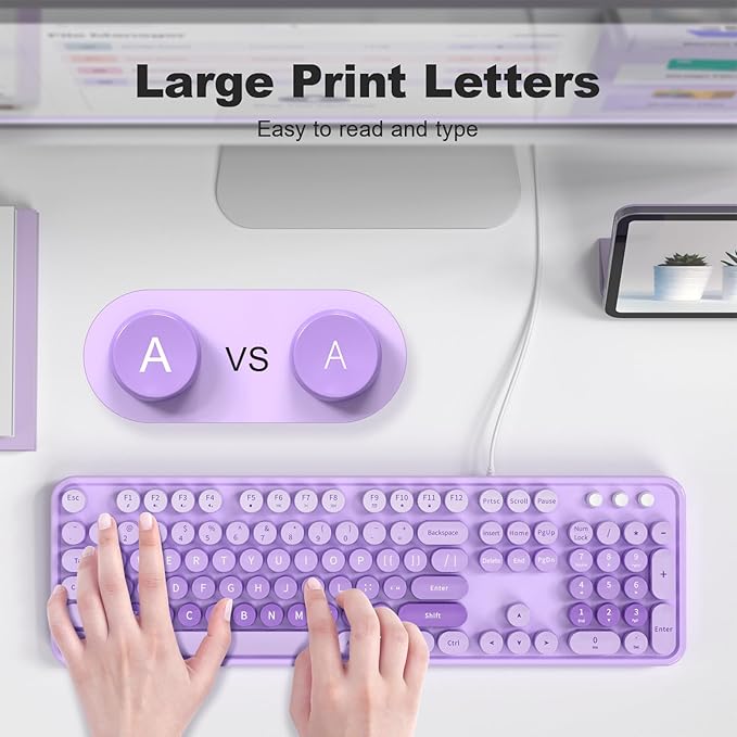 MOWUX Computer Keyboard Wired, Plug and Play USB Retro Round Typewriter Keyboard, Full Size Wired Keyboard with Foldable Stands for Laptop and Office PC- Purple with Large
