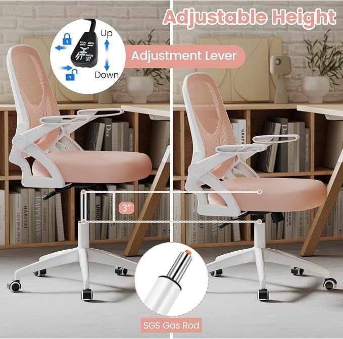 COSTWAY Office Chair, Comfy Swivel Rolling Desk Chair with Adjustable Height & Flip-Up Armrests, Ergonomic Mesh Computer Chairs with Lumbar Support for Working & Gaming, Pink