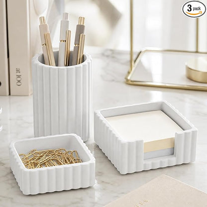 Aesthetic Desk Organizer Set of 3 For Your Office - Sturdy Concrete Desktop Accessories For Women Enhance Any Office Decor - Set incl. Pen Holder, Paperclip Storage & Sticky Note Holder for Teacher