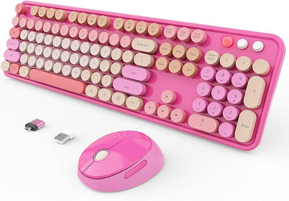 SkyGive Wireless Keyboard and Mouse Combo, Ergonomic Full Size Typewriter Retro Round Keycaps Keyboard, Compatible with Windows, PC, Perfer for Home and Office Keyboards （Red）