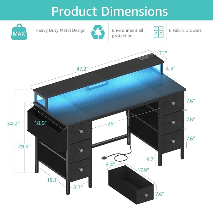 Lufeiya Gaming Desk with LED Lights and Power Outlets, 47 inch Computer Desk with Fabric Drawers & Storage Shelves, Home Office Desk with Monitor Stand, Black