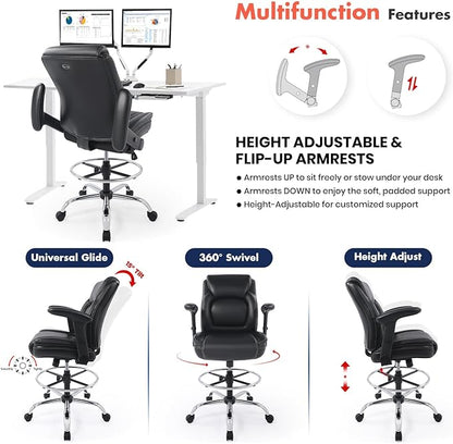Ergonomic Mid-Back Premium Faux Leather Adjustable Drafting Chair with Multi-Function Arms and Foot Ring, Standing-Desk Matched Tall Swivel Computer Office Stool, Black