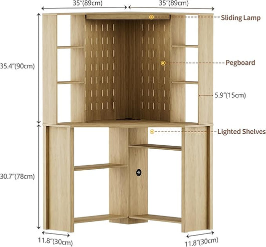 HNEBC Home Office Desk with Power Outlet & Chariging Station,L-Shaped Corner Desk with Pull-Out LED Lights,Computer Desk with Hutch & 10 Shelves,Pegboards for Work & Study,Natural