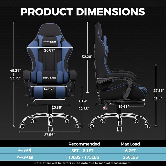 GTPLAYER Gaming Chair, Computer Chair with Footrest and Lumbar Support, Height Adjustable Game Chair with 360°-Swivel Seat and Headrest and for Office or Gaming (Blue, Fabric)