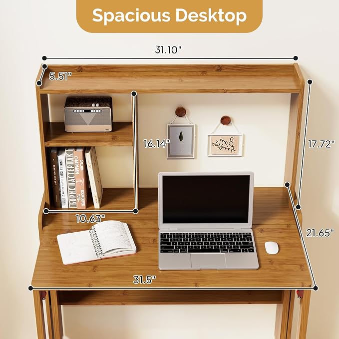 Bamboo Folding Desk with Bookshelf, Compact Computer Desk with Hutch for Small Spaces, Foldable Desk with Storage Shelf, Space-Saving Home Office Desk for Bedroom, Dorm, Apartment,Brown