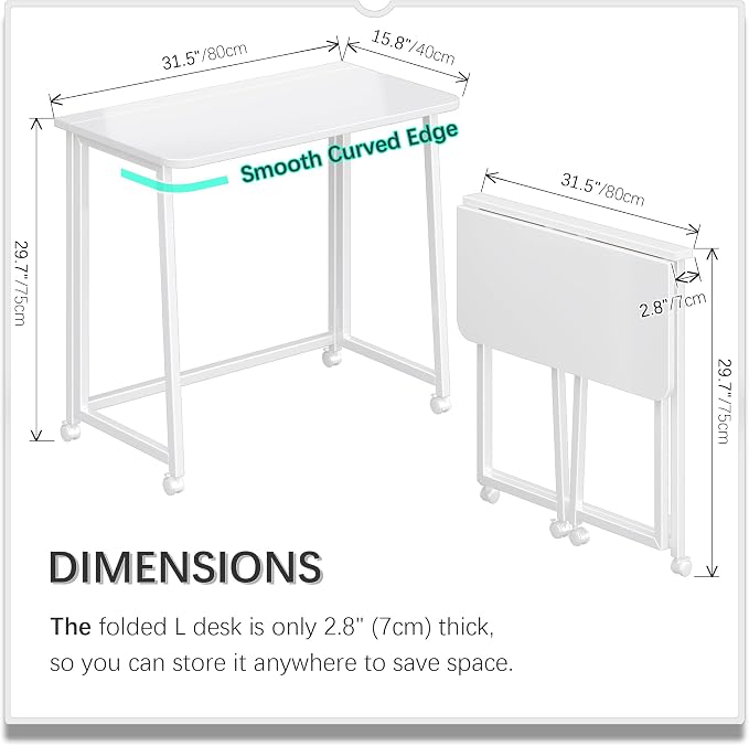 4NM 31.5" Mobile Small Folding Desk, Foldable Rolling Computer Home Office Desk, Study Writing Table for Small Space Saving Bedroom, with Wheels - All White