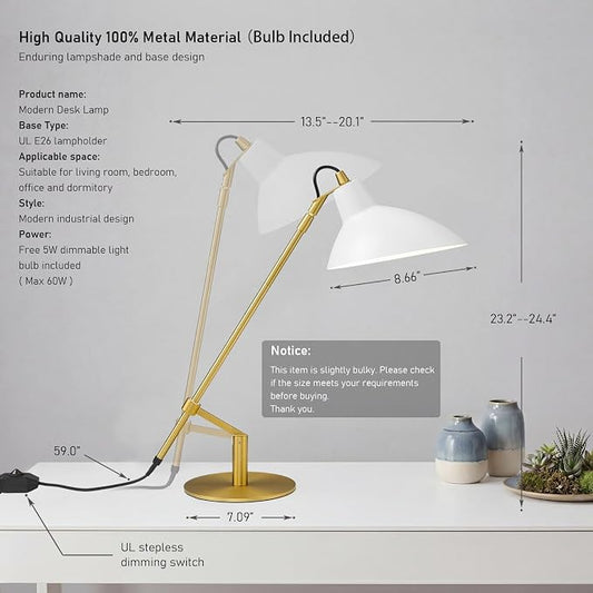 Desk Lamp Modern Industrial 100% Metal Adjustable Table Lamp 24", Natural Light (4000K) with Dimmer, Ideal for Office Bedroom Study Room Living Room Nightstand Bedside Lamps White+Brass