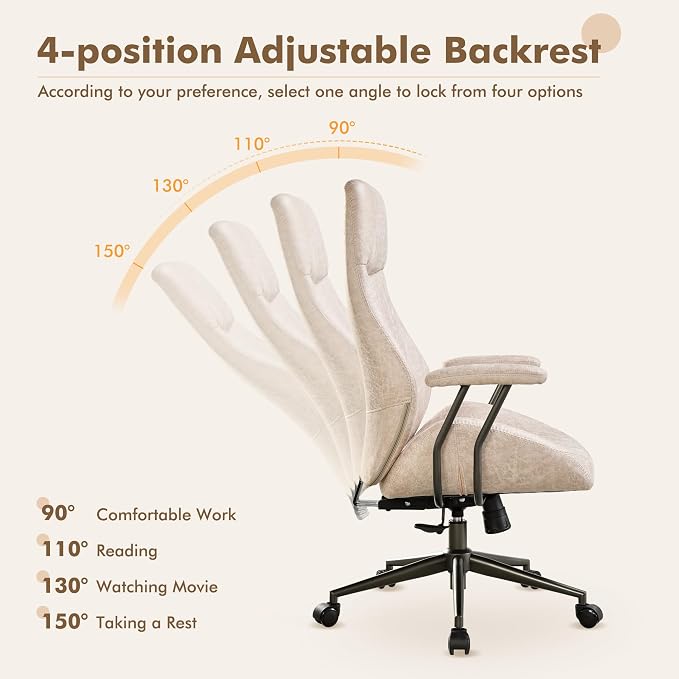 High Back Home Office Chair,Mid Century Modren Ergonomic Executive Chair,Lumbar Support Swivel Task Chair with Wheels,Computer Desk Chair Suede Fabric,350LBS (Beige)