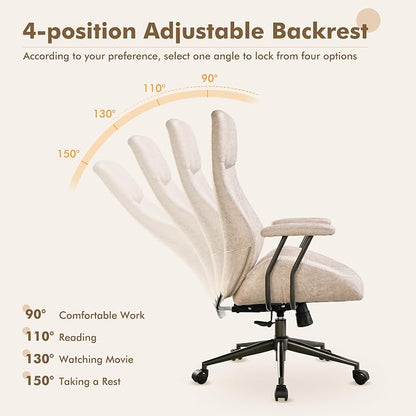 High Back Home Office Chair,Mid Century Modren Ergonomic Executive Chair,Lumbar Support Swivel Task Chair with Wheels,Computer Desk Chair Suede Fabric,350LBS (Beige)