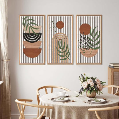 IARTTOP Large Boho Wood Wall Art Framed 16x32 Inch Mid century Modern Wooden Wall Decor Abstract Bohemian Minimalist Art Decor for Bedroom Living Room Office Set of 3